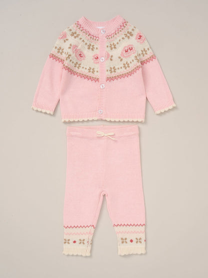 Rock-A-Bye Baby Boutique Pink True Knit Fairisle Pattern Cardigan And Trousers Outfit Set image 1
