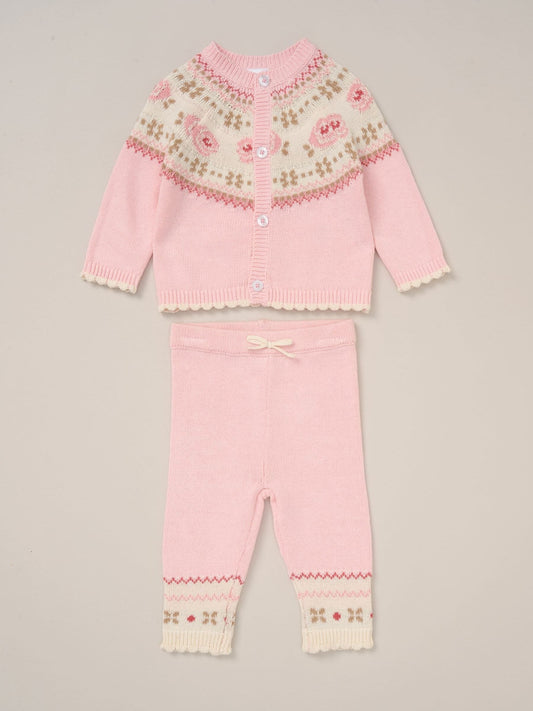 Rock-A-Bye Baby Boutique Pink True Knit Fairisle Pattern Cardigan And Trousers Outfit Set image 1