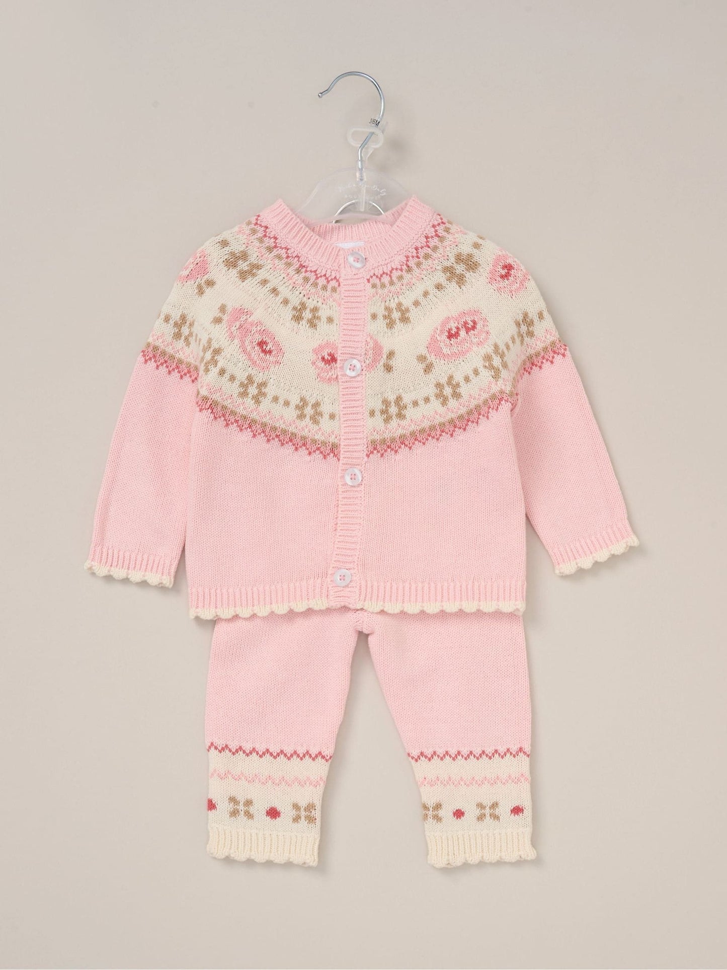 Rock-A-Bye Baby Boutique Pink True Knit Fairisle Pattern Cardigan And Trousers Outfit Set image 2