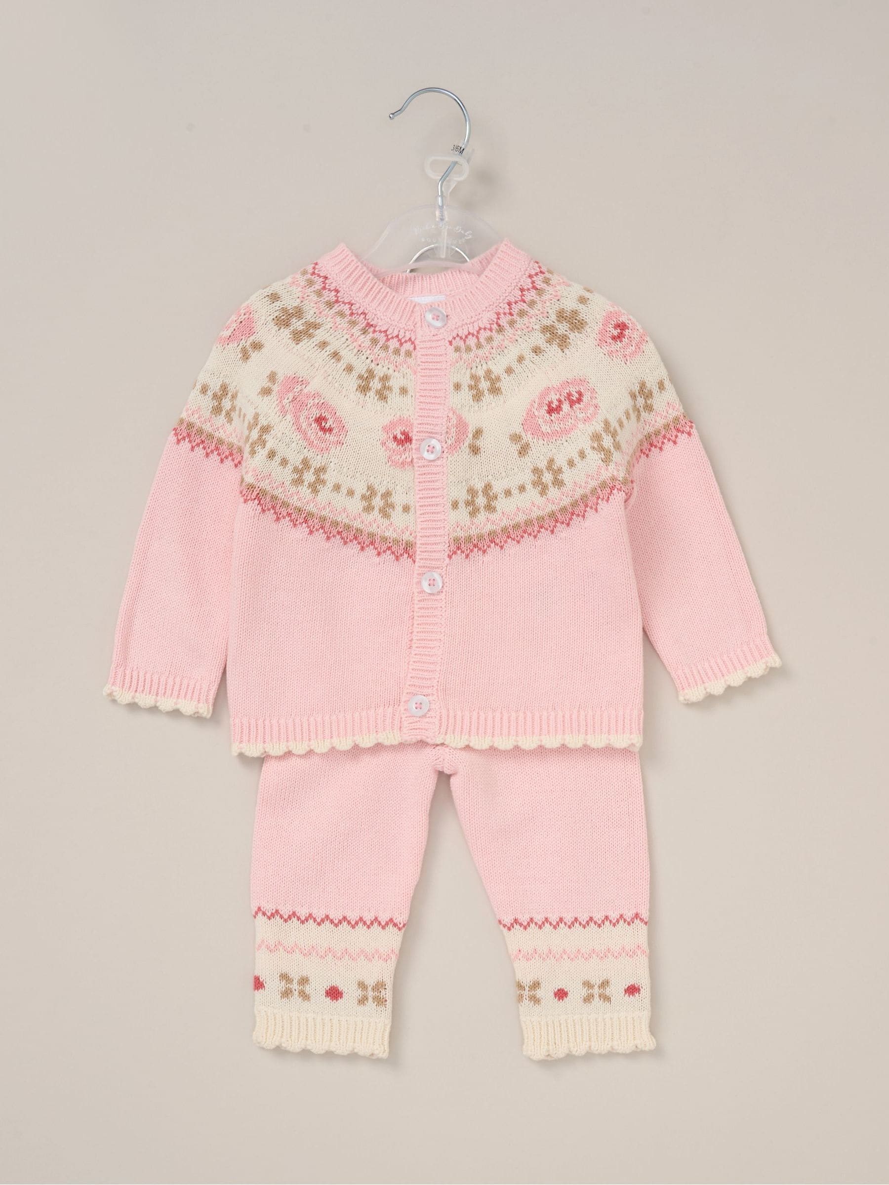 Rock-A-Bye Baby Boutique Pink True Knit Fairisle Pattern Cardigan And Trousers Outfit Set image 2