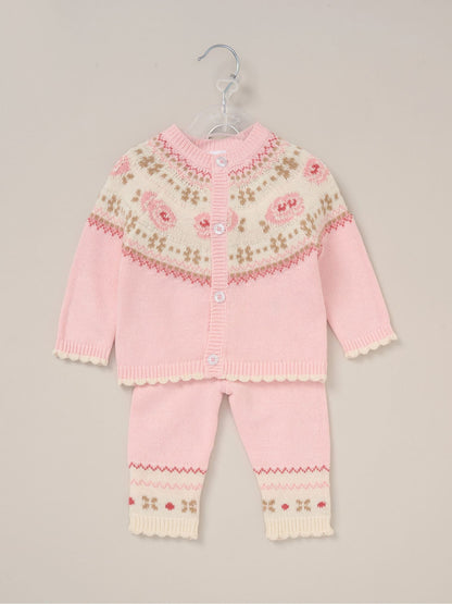 Rock-A-Bye Baby Boutique Pink True Knit Fairisle Pattern Cardigan And Trousers Outfit Set image 2