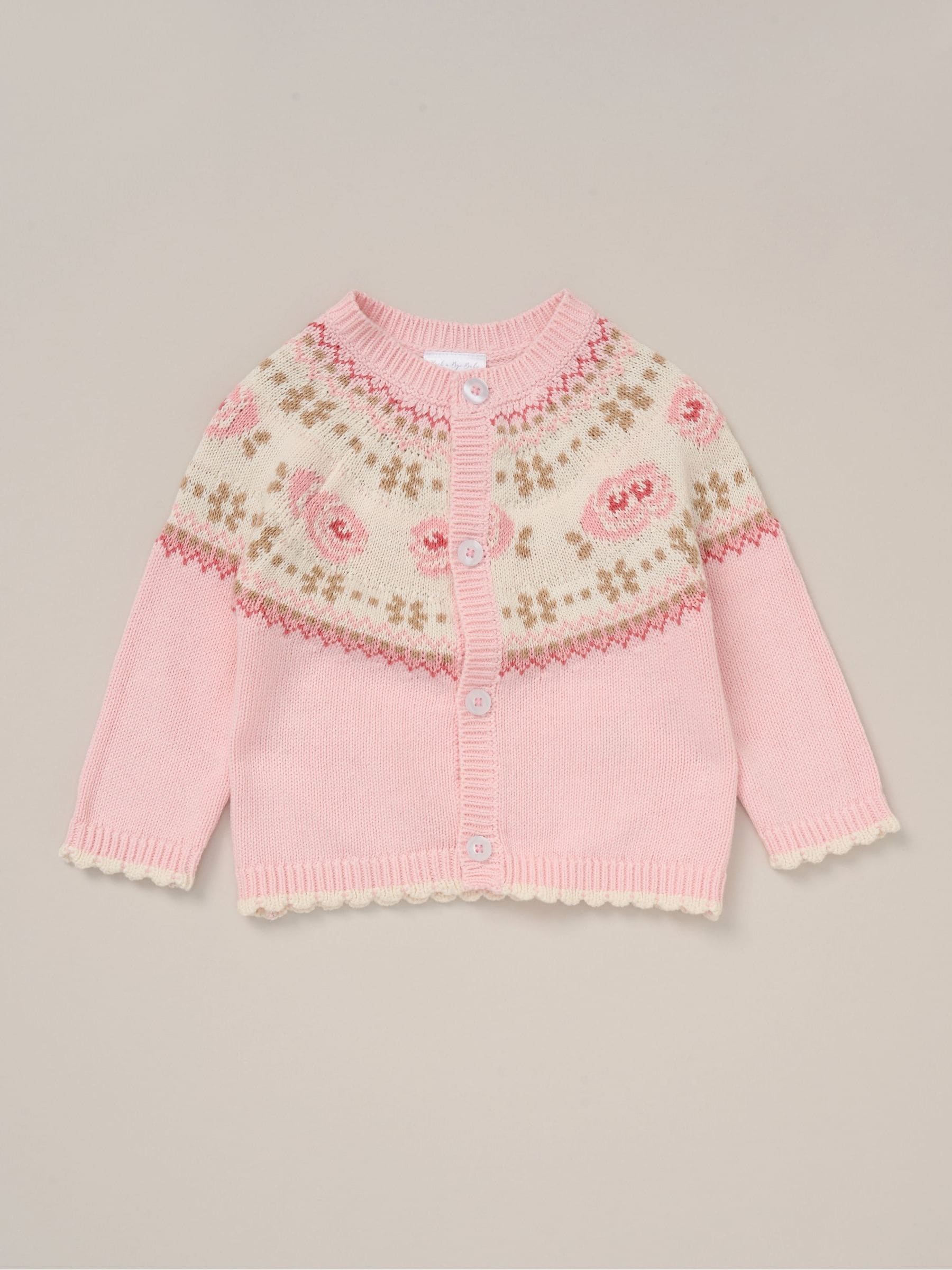 Rock-A-Bye Baby Boutique Pink True Knit Fairisle Pattern Cardigan And Trousers Outfit Set image 3
