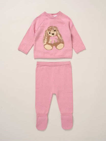 Rock-A-Bye Baby Boutique Pink True Knit Bunny Jumper And Footed Trousers Outfit Set image 1