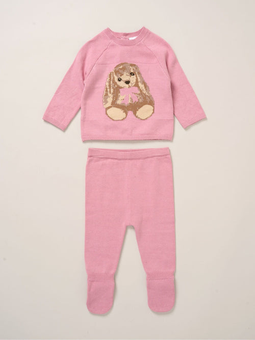 Rock-A-Bye Baby Boutique Pink True Knit Bunny Jumper And Footed Trousers Outfit Set image 1