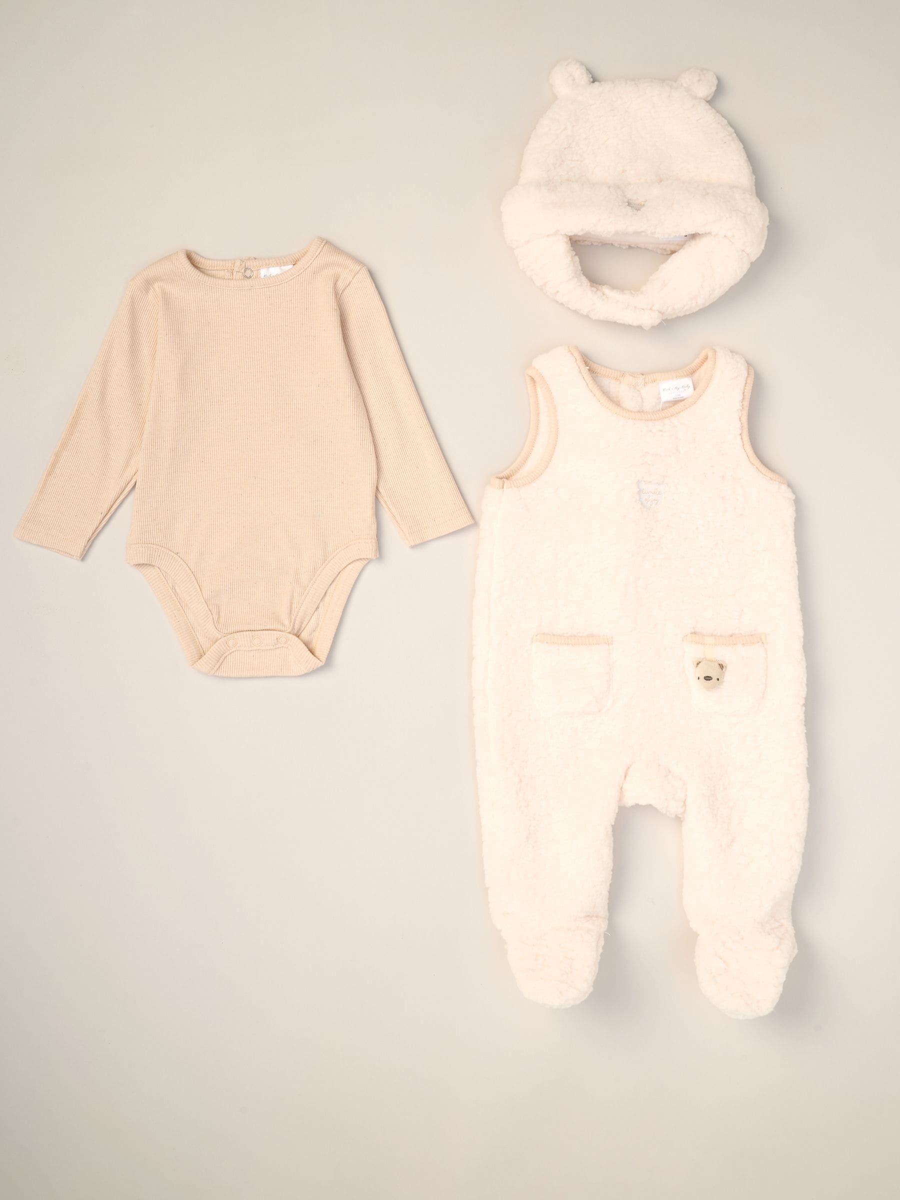 Rock-A-Bye Baby Boutique White Baby Borg Dungarees Bodysuit And Hat Set 3 Piece image 1