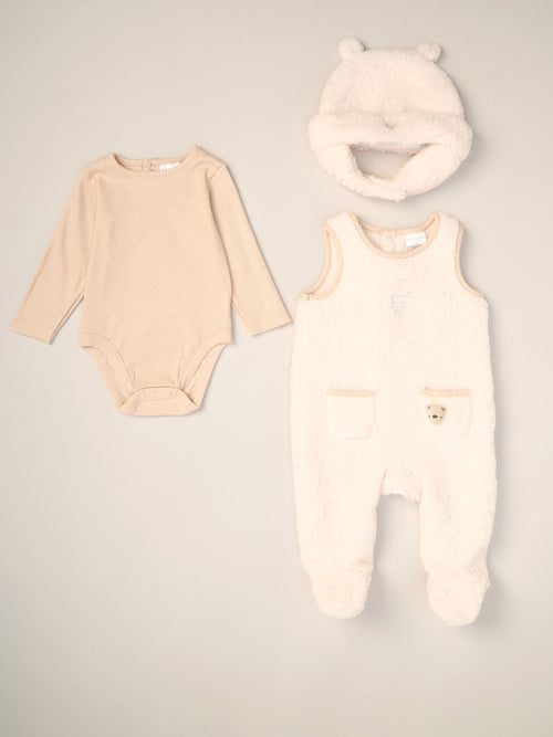 Rock-A-Bye Baby Boutique White Baby Borg Dungarees Bodysuit And Hat Set 3 Piece image 1