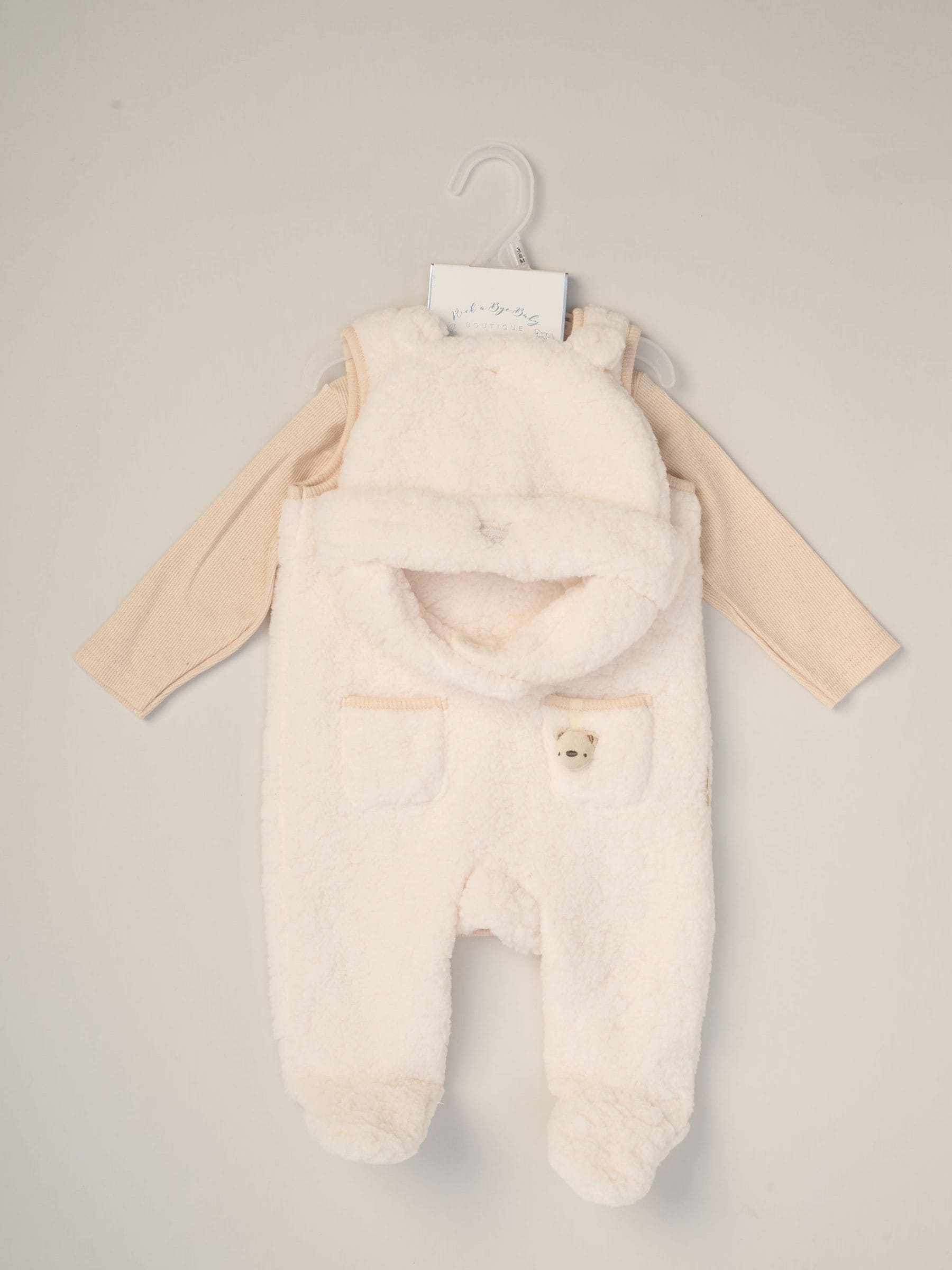 Rock-A-Bye Baby Boutique White Baby Borg Dungarees Bodysuit And Hat Set 3 Piece image 2