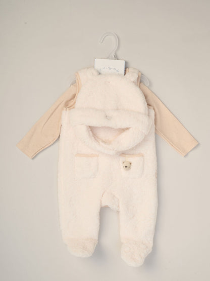 Rock-A-Bye Baby Boutique White Baby Borg Dungarees Bodysuit And Hat Set 3 Piece image 2