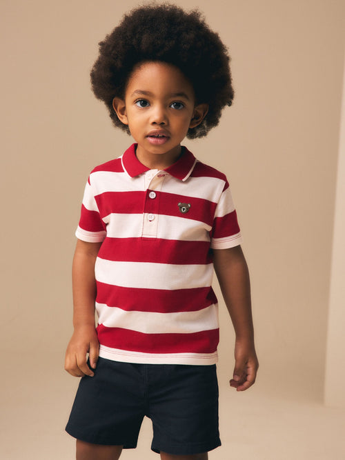 Red Stripe/Navy Short Sleeve Polo Top & Chino Shorts Set (3mths-7yrs) image 1