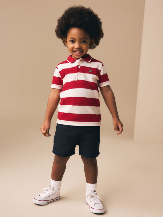 Red Stripe/Navy Short Sleeve Polo Top & Chino Shorts Set (3mths-7yrs) image 3