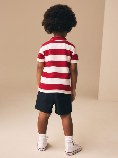 Red Stripe/Navy Short Sleeve Polo Top & Chino Shorts Set (3mths-7yrs) image 3