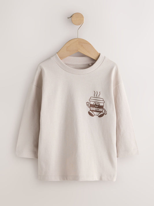 Stone Neutral Babyccino Long Sleeve Back Print T-Shirt (3mths-8yrs) image 1