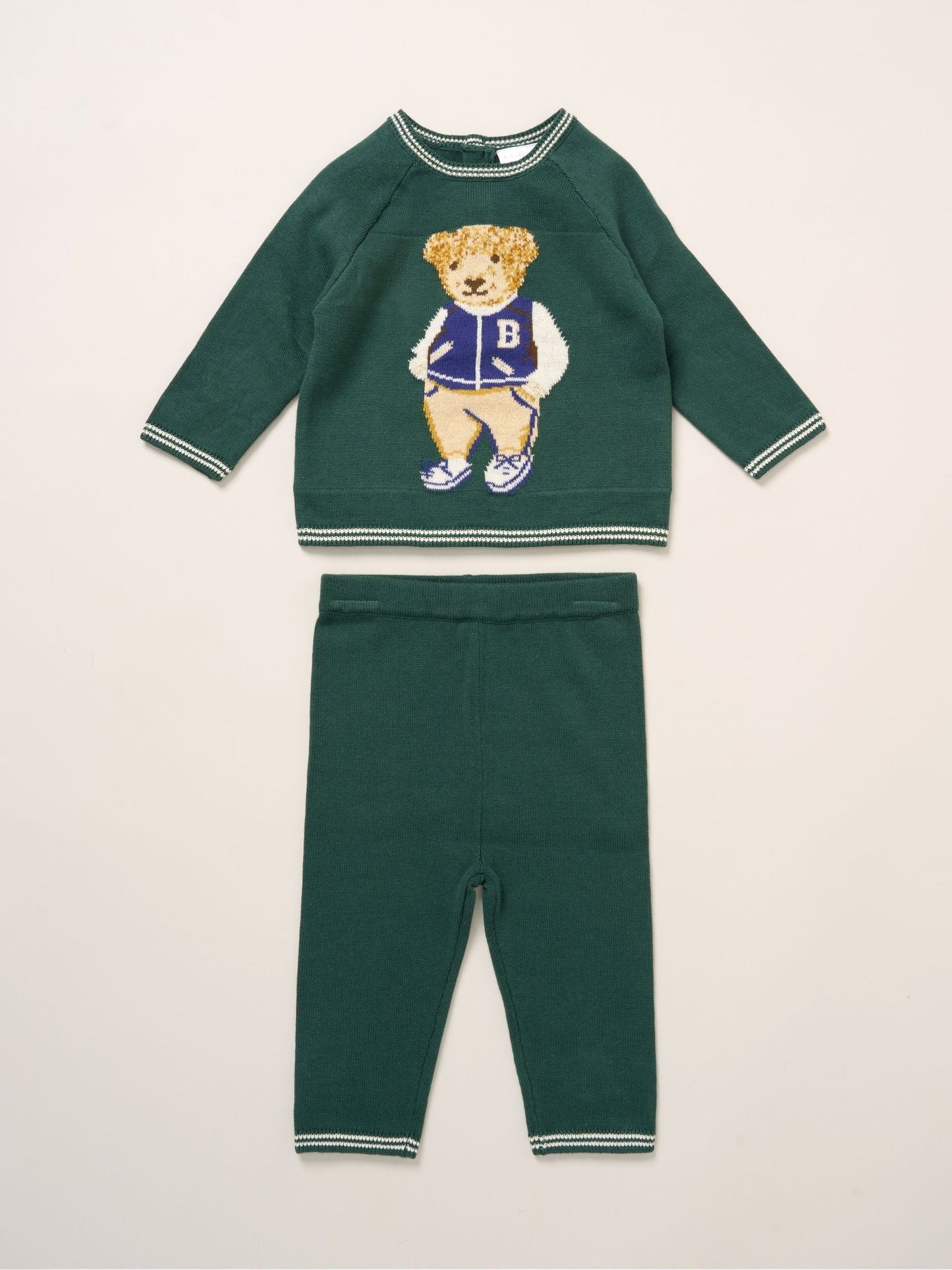 Rock-A-Bye Baby Boutique Green True Knit Bear Jumper And Trousers Outfit Set image 1