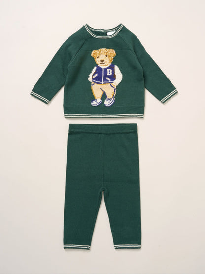 Rock-A-Bye Baby Boutique Green True Knit Bear Jumper And Trousers Outfit Set image 1