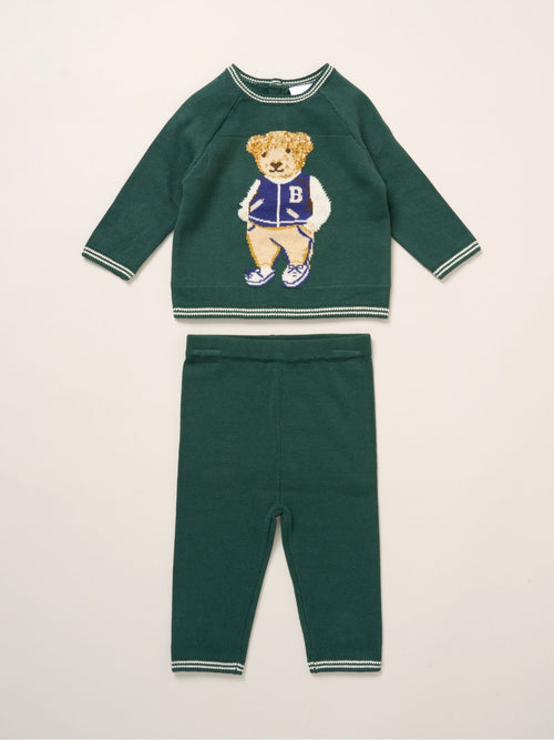 Rock-A-Bye Baby Boutique Green True Knit Bear Jumper And Trousers Outfit Set image 1