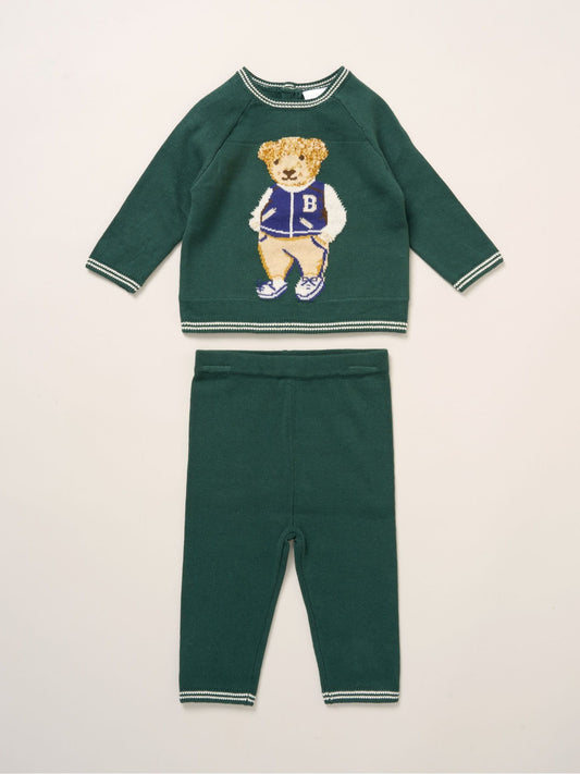 Rock-A-Bye Baby Boutique Green True Knit Bear Jumper And Trousers Outfit Set image 1