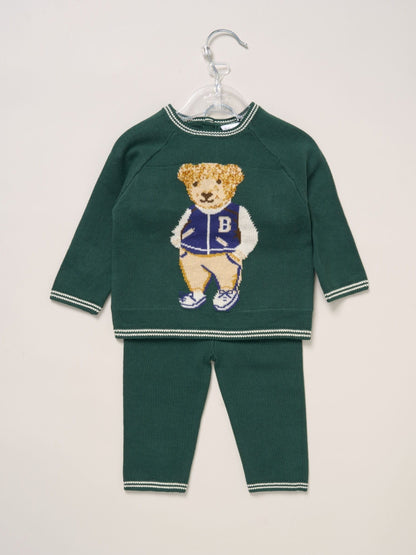 Rock-A-Bye Baby Boutique Green True Knit Bear Jumper And Trousers Outfit Set image 2