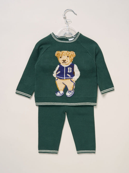 Rock-A-Bye Baby Boutique Green True Knit Bear Jumper And Trousers Outfit Set image 2