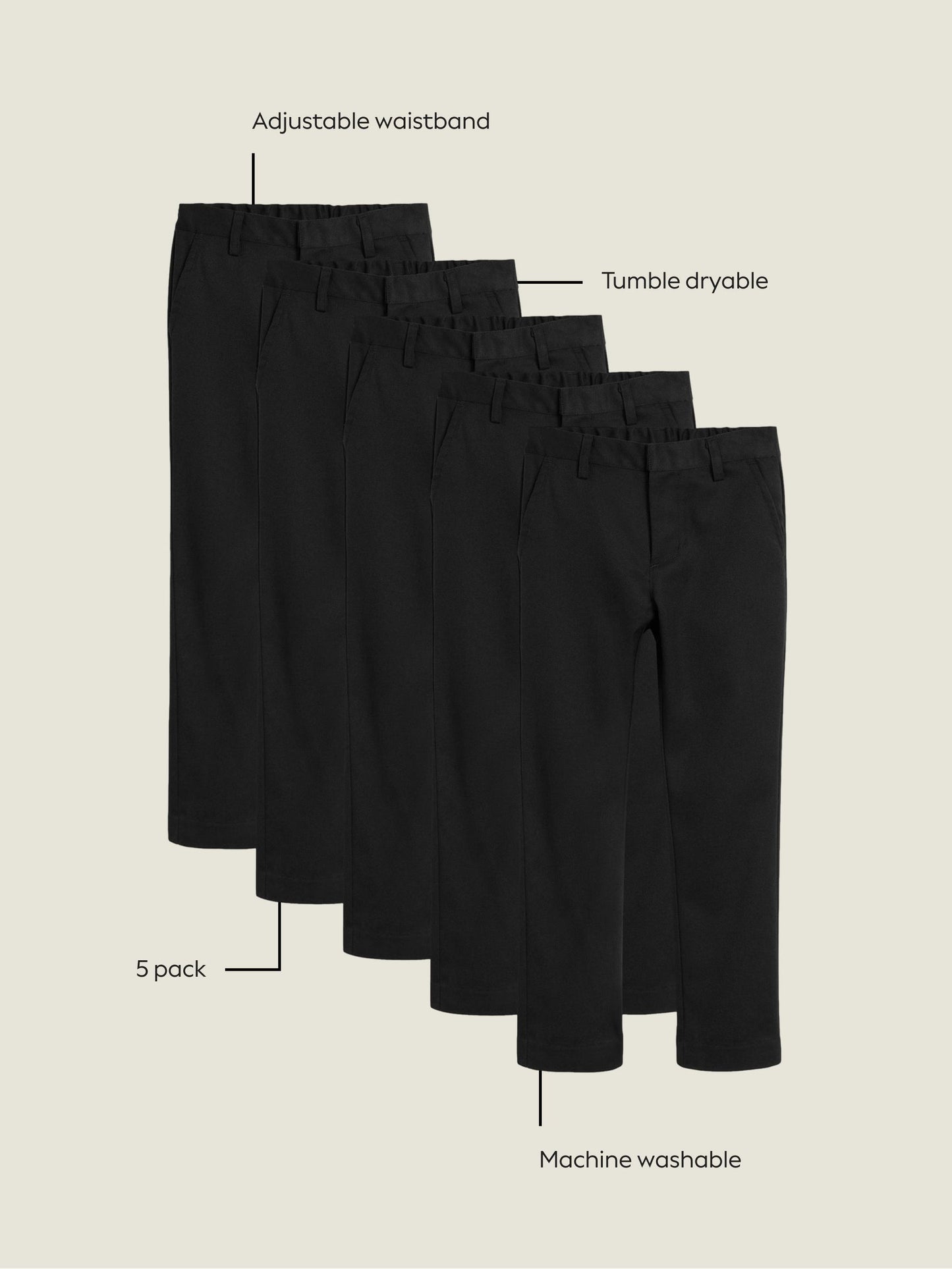 Dsiney Kidz - Black Straight Leg School Trousers 5 Pack (3-17yrs) image 4