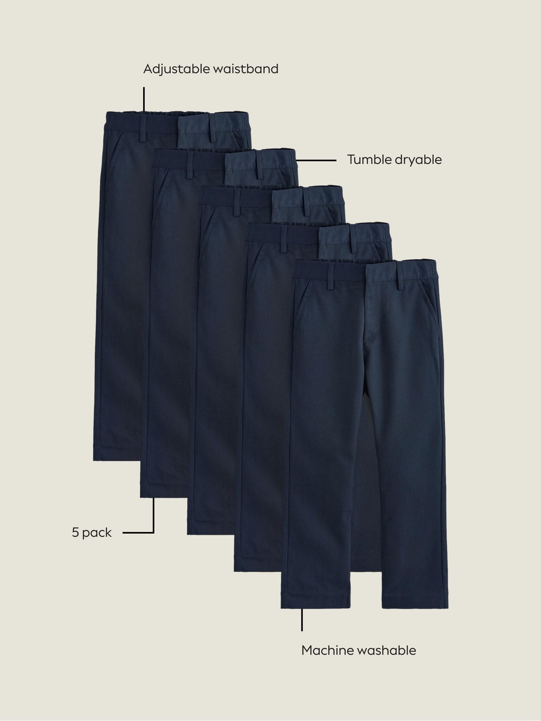 Dsiney Kidz - Navy Straight Leg School Trousers 5 Pack (3-17yrs) image 4