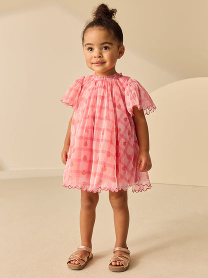 Coral Check Angel Sleeve Mesh Dress (3mths-7yrs) image 2