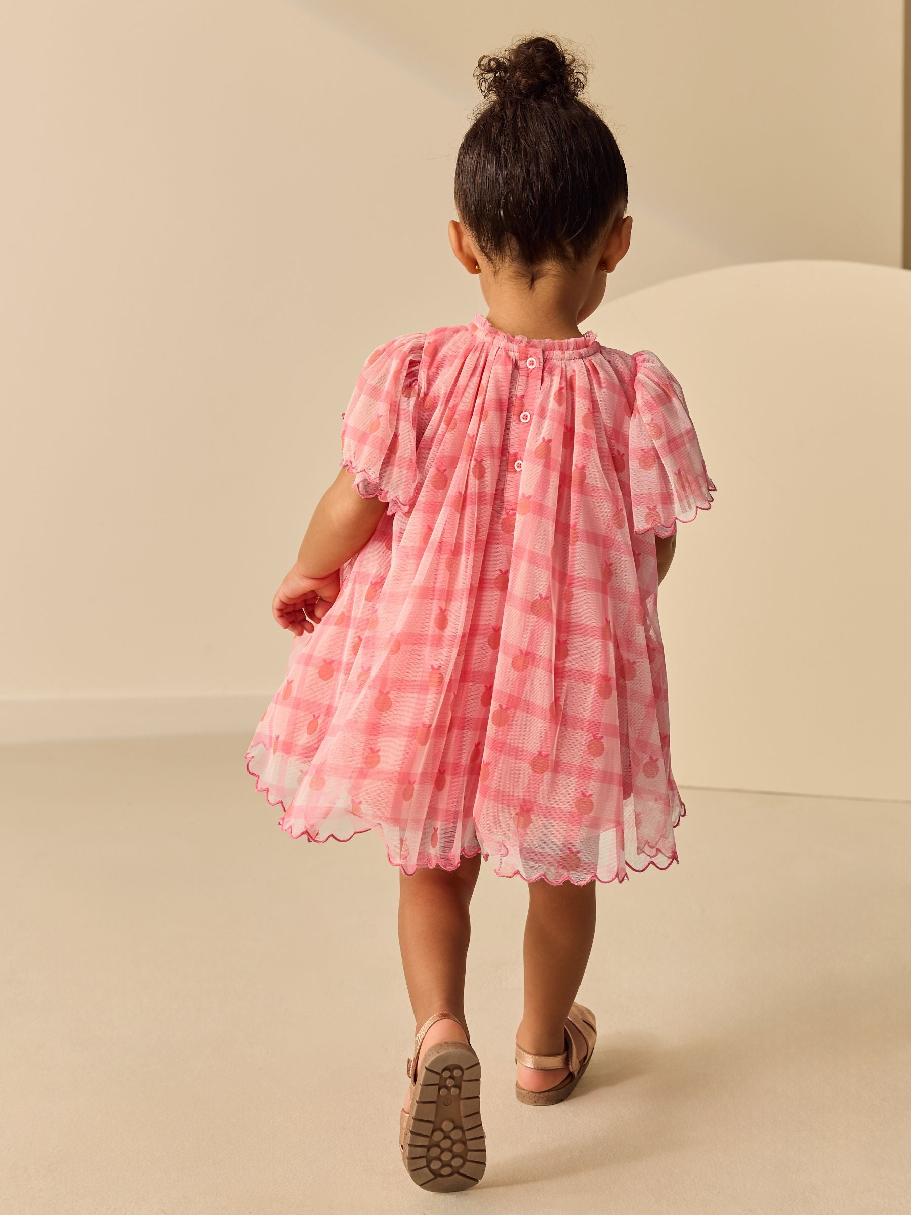 Coral Check Angel Sleeve Mesh Dress (3mths-7yrs) image 3