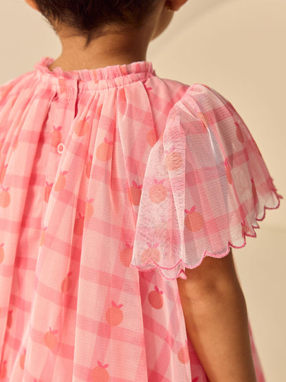 Coral Check Angel Sleeve Mesh Dress (3mths-7yrs) image 4