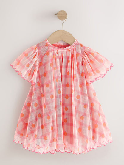 Coral Check Angel Sleeve Mesh Dress (3mths-7yrs) image 5