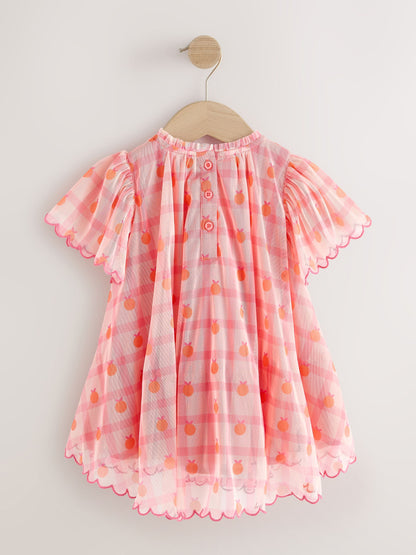 Coral Check Angel Sleeve Mesh Dress (3mths-7yrs) image 6