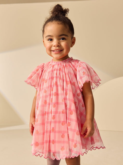 Coral Check Angel Sleeve Mesh Dress (3mths-7yrs) image 1