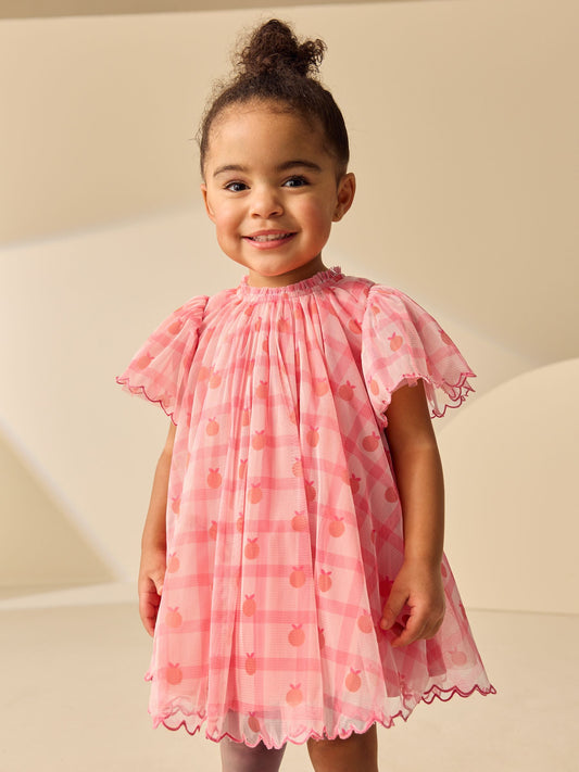 Coral Check Angel Sleeve Mesh Dress (3mths-7yrs) image 1