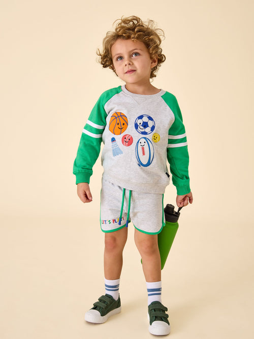 JoJo Maman Bébé Grey Marl 2-Piece Sport Appliqué Sweatshirt & Shorts Set image 1
