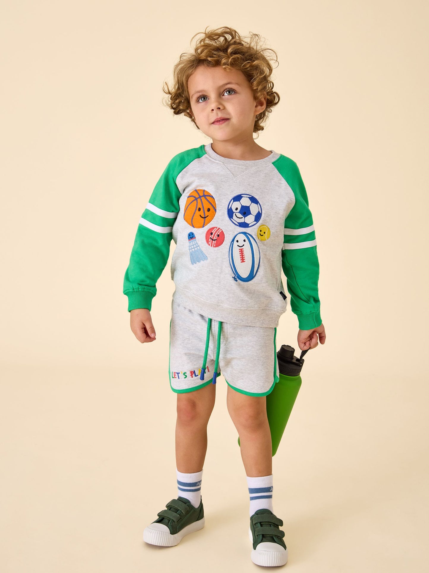 JoJo Maman Bébé Grey Marl 2-Piece Sport Appliqué Sweatshirt & Shorts Set image 1