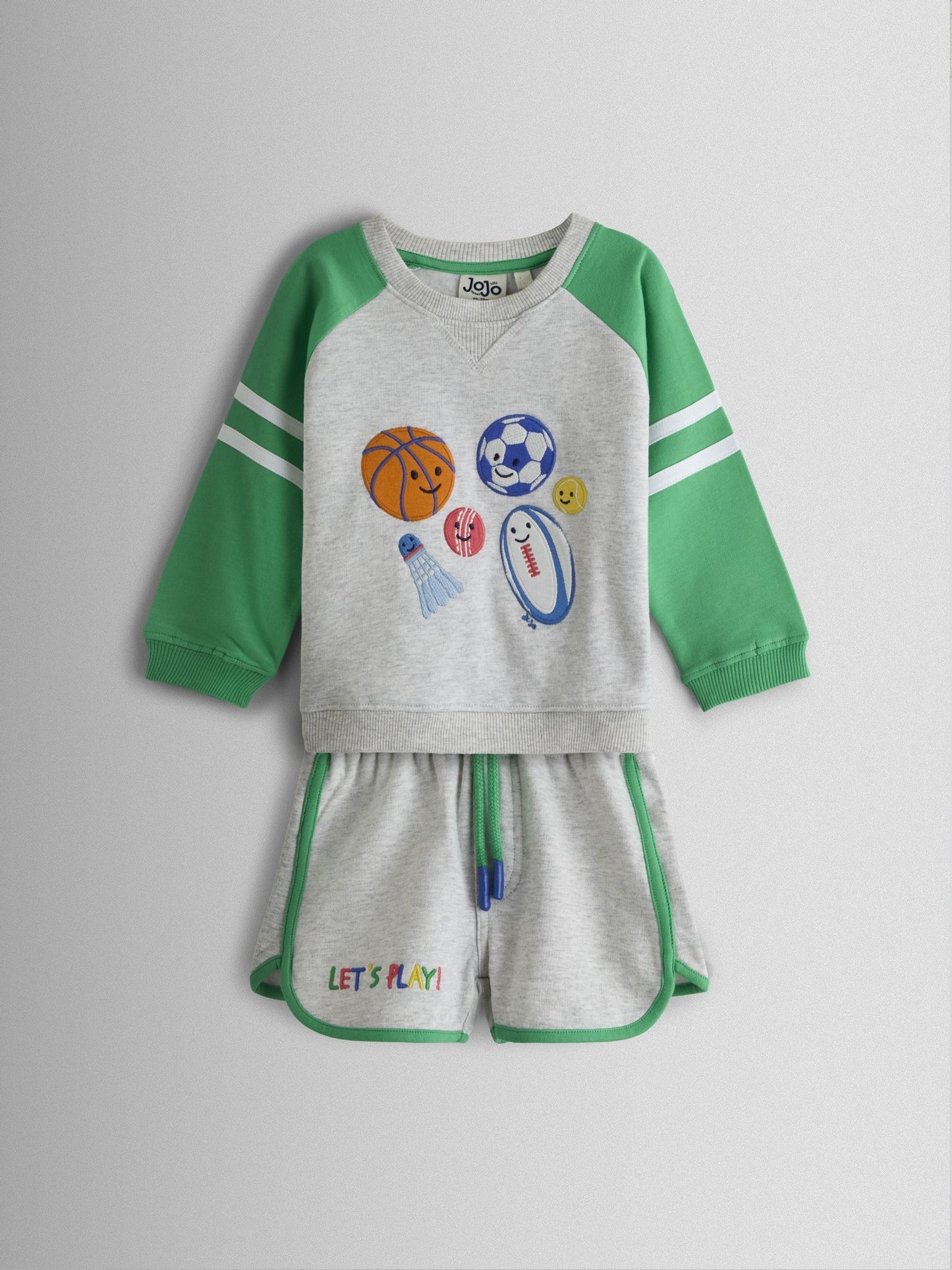 JoJo Maman Bébé Grey Marl 2-Piece Sport Appliqué Sweatshirt & Shorts Set image 2