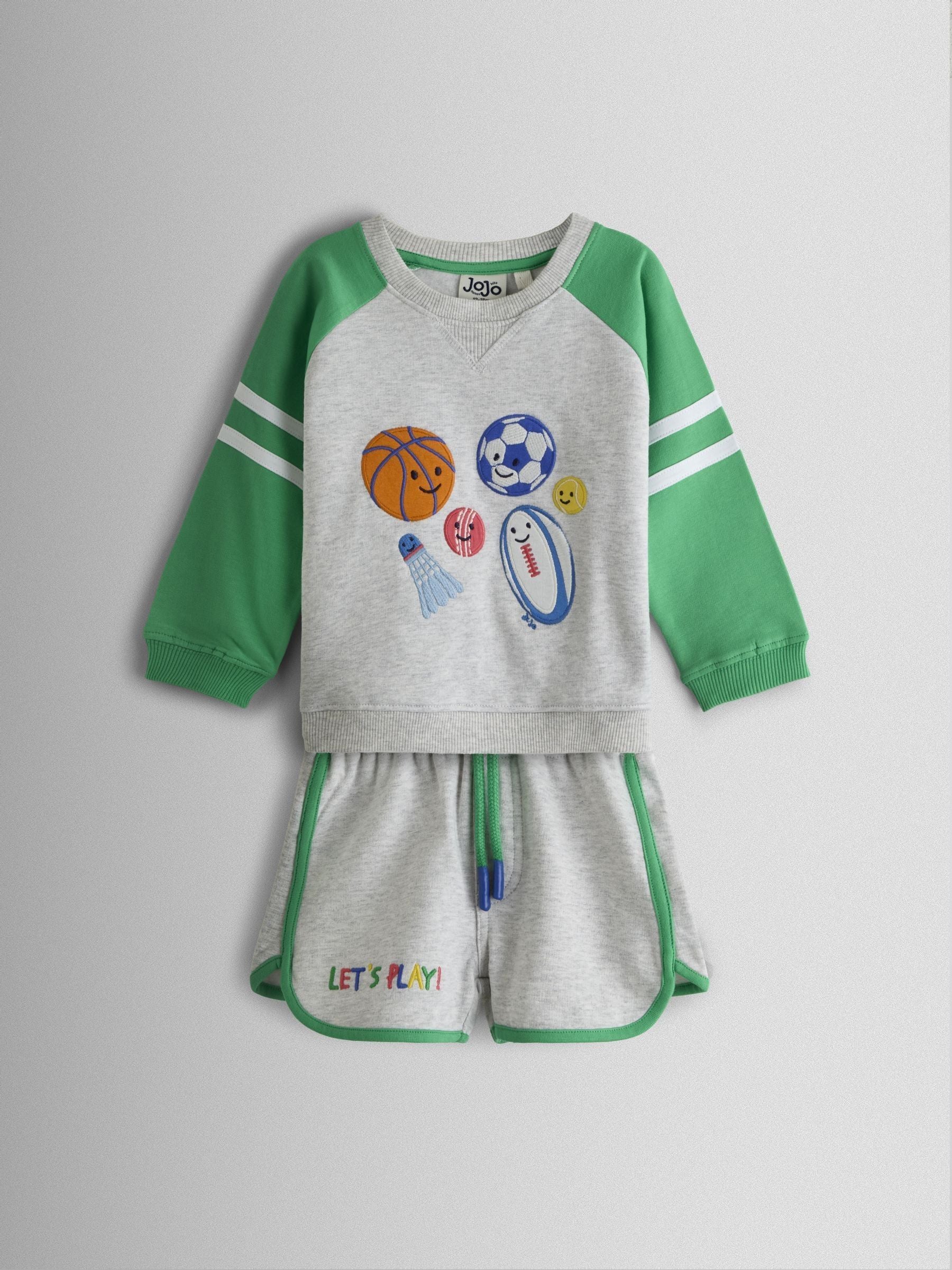 JoJo Maman Bébé Grey Marl 2-Piece Sport Appliqué Sweatshirt & Shorts Set image 2