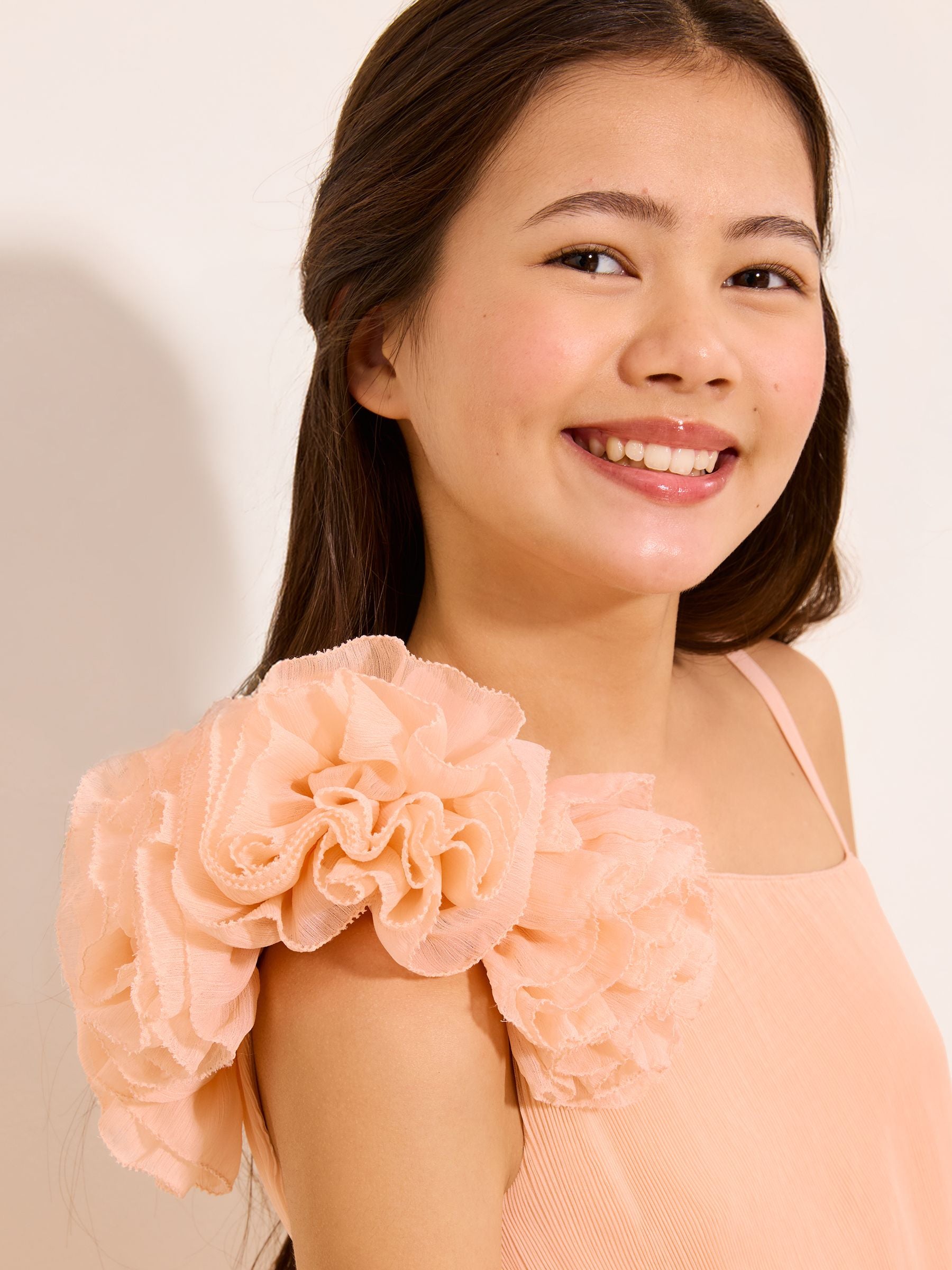 Lipsy Peach Pink Corsage One Shoulder Occasion Dress (7-16yrs) image 3
