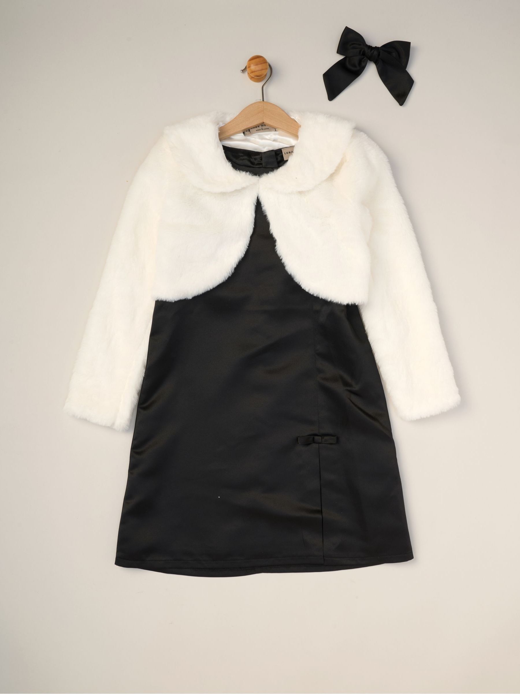 Miss Black Satin Shift Dress Faux Fur Cardigan and Bow Clip Set image 1