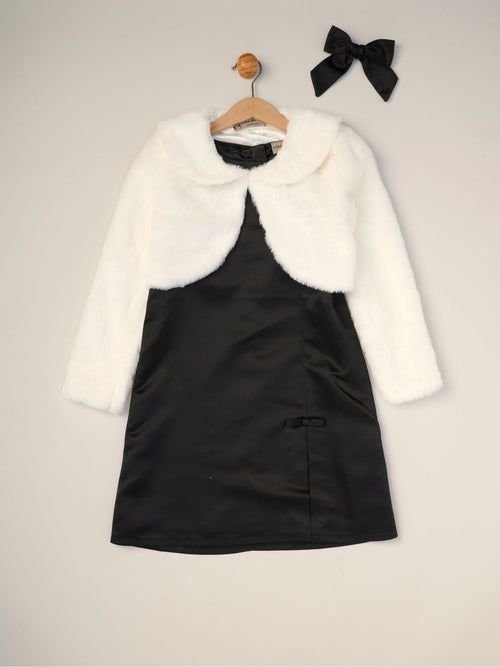 Miss Black Satin Shift Dress Faux Fur Cardigan and Bow Clip Set image 1