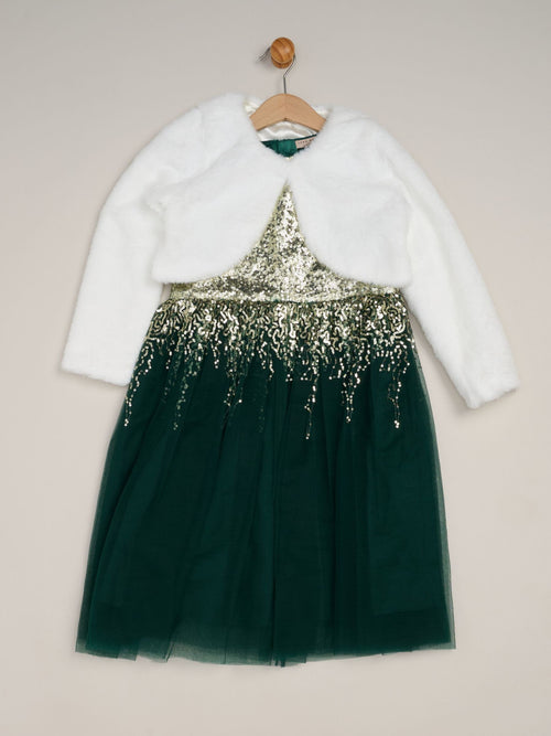 Miss Green Waterfall Sequin Dress And Faux Fur Bolero Set image 1