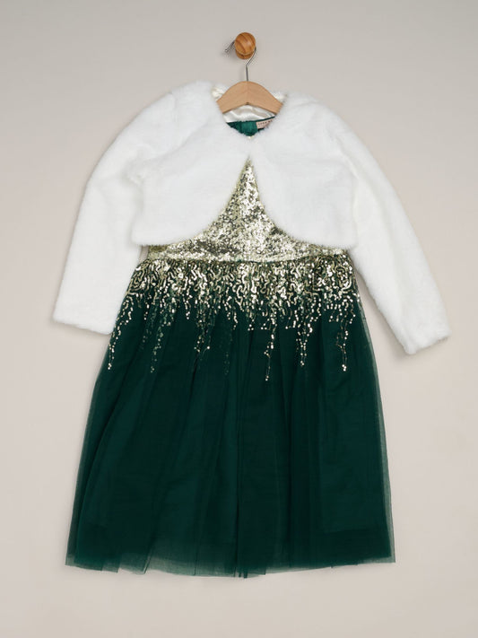 Miss Green Waterfall Sequin Dress And Faux Fur Bolero Set image 1