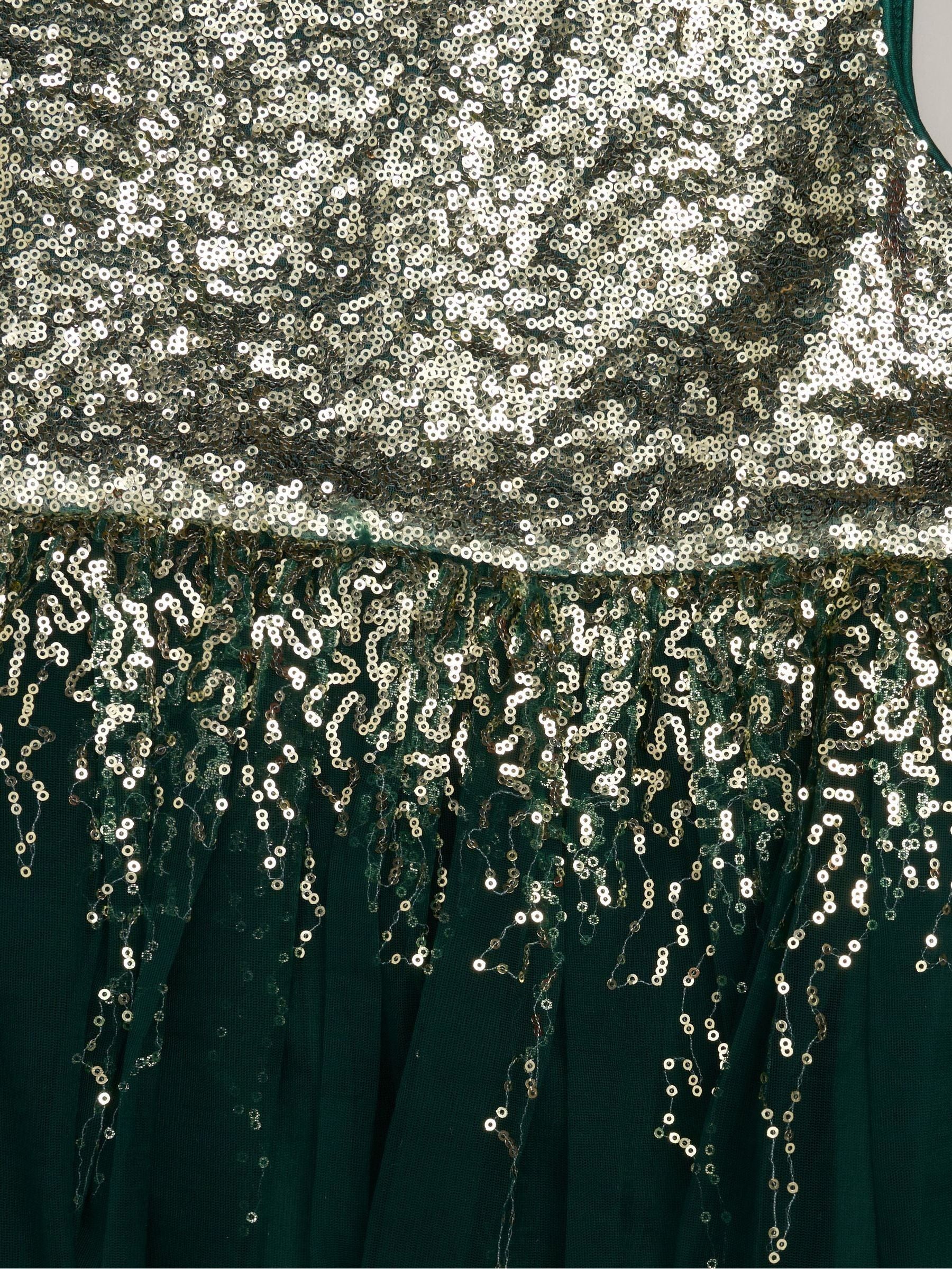 Miss Green Waterfall Sequin Dress And Faux Fur Bolero Set image 3