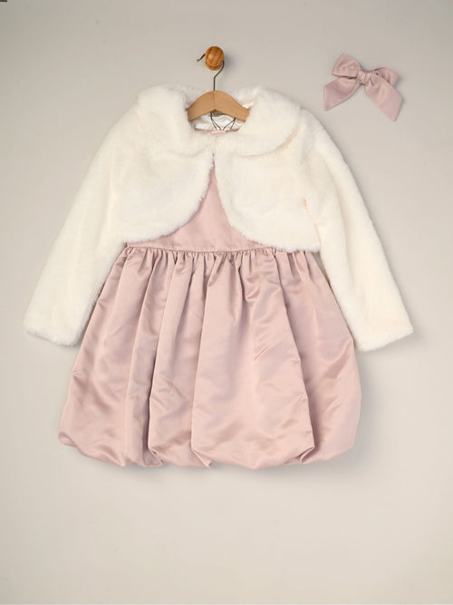 Dsiney Kidz - Miss Pink Bubble Hem Satin Dress Faux Fur Cardigan and Bow Clip Set image 1