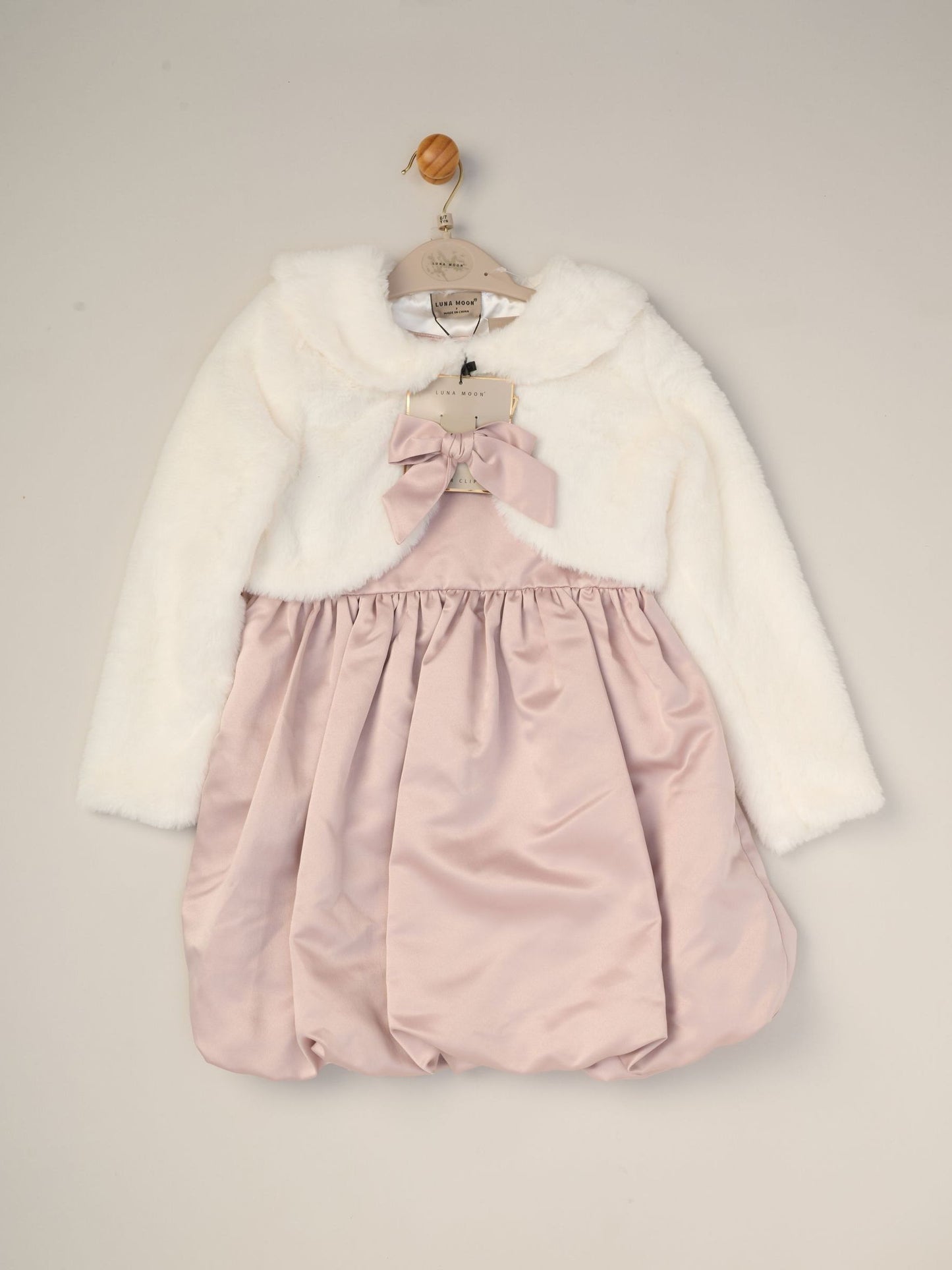 Miss Pink Bubble Hem Satin Dress Faux Fur Cardigan and Bow Clip Set image 2