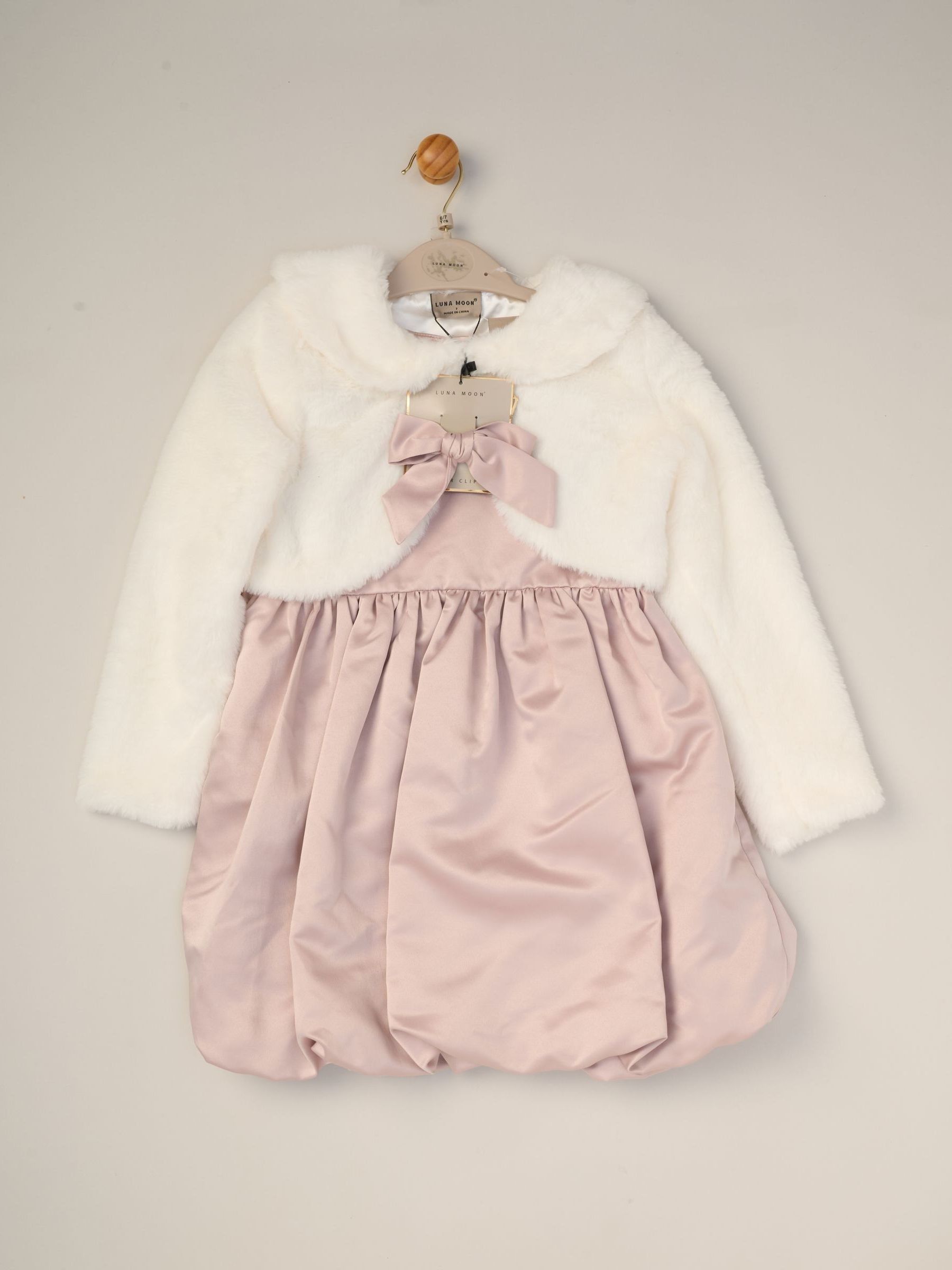 Miss Pink Bubble Hem Satin Dress Faux Fur Cardigan and Bow Clip Set image 2
