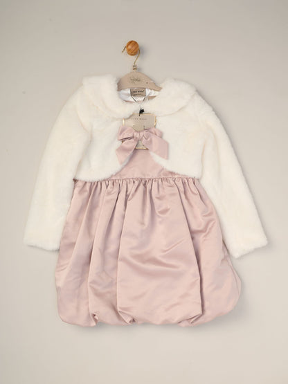 Miss Pink Bubble Hem Satin Dress Faux Fur Cardigan and Bow Clip Set image 2