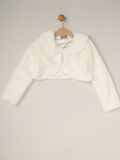Miss Pink Bubble Hem Satin Dress Faux Fur Cardigan and Bow Clip Set image 5