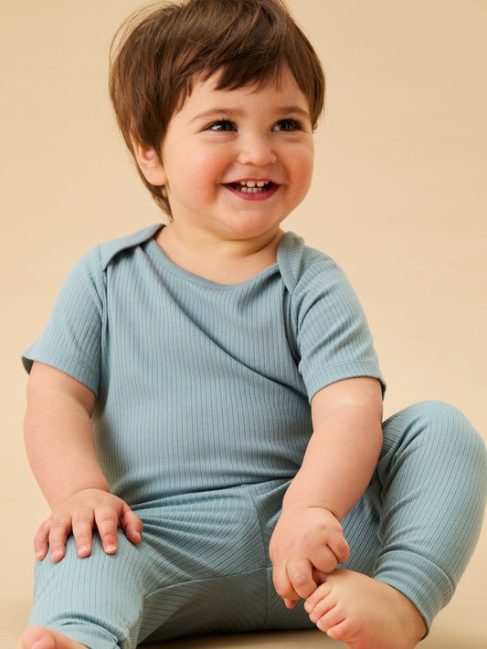 Disney Kidz - MORI Stone Blue Ribbed Stretch Short Sleeve Bodysuit image 1