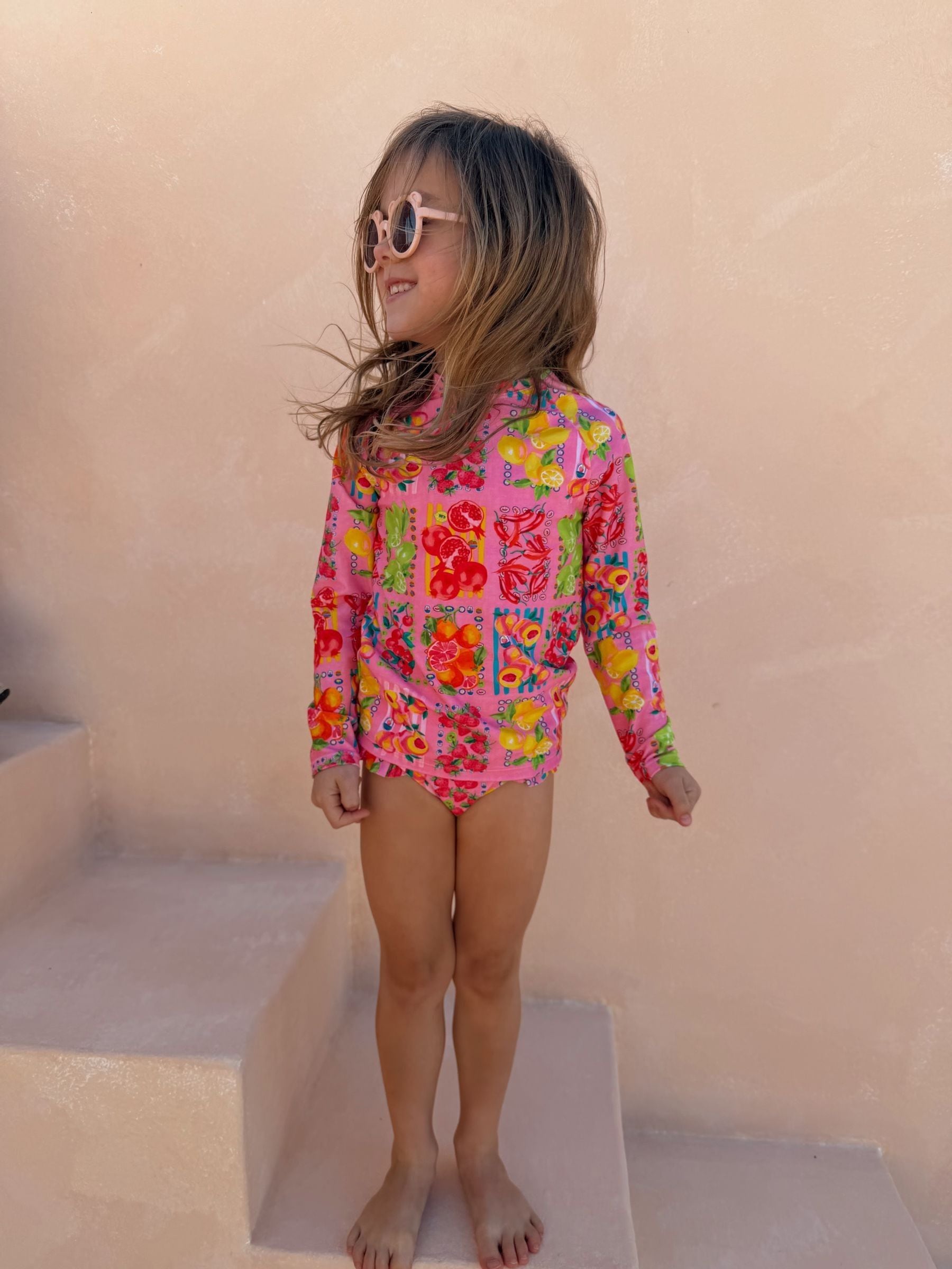 Never Fully Dressed Pink Fruit Print Sunsafe Long Sleeve Rash Vest and Swim Set image 2