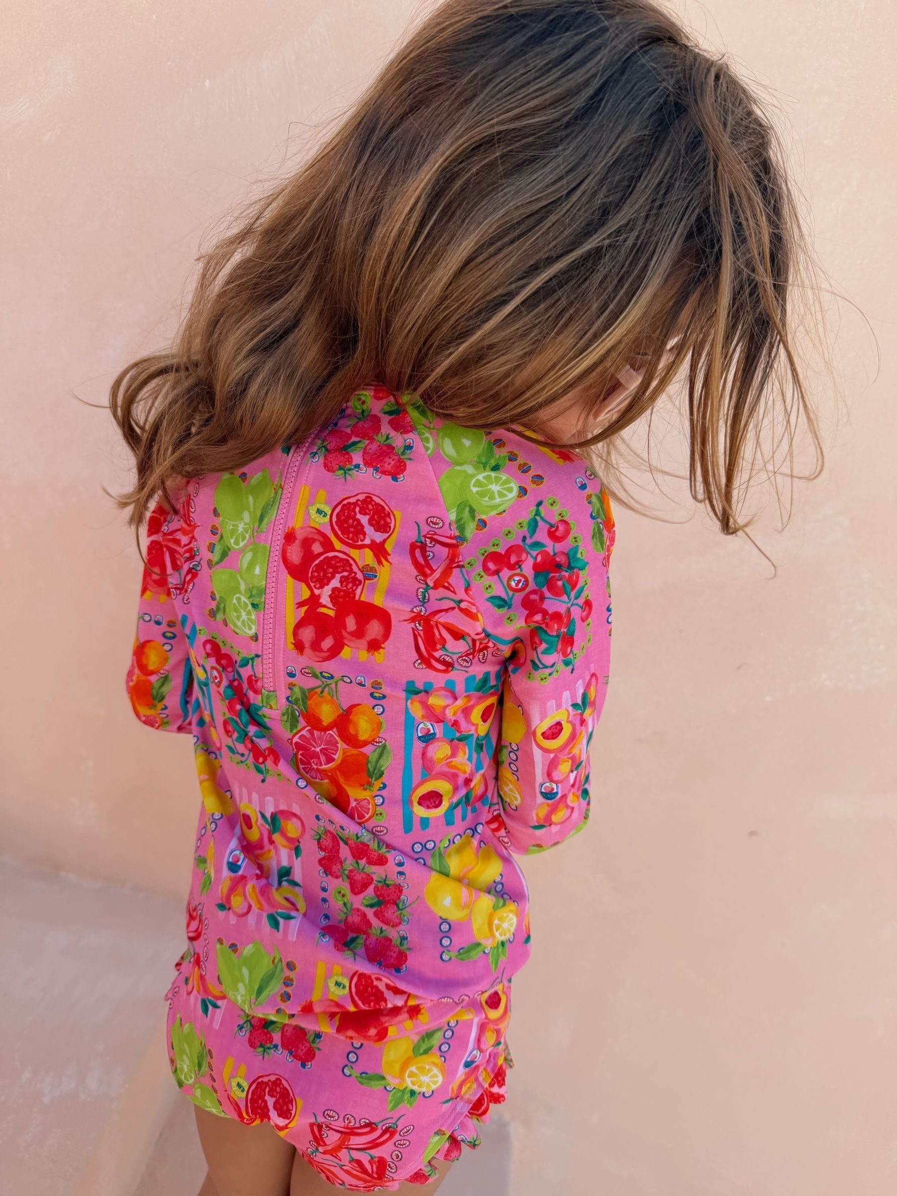 Never Fully Dressed Pink Fruit Print Sunsafe Long Sleeve Rash Vest and Swim Set image 3