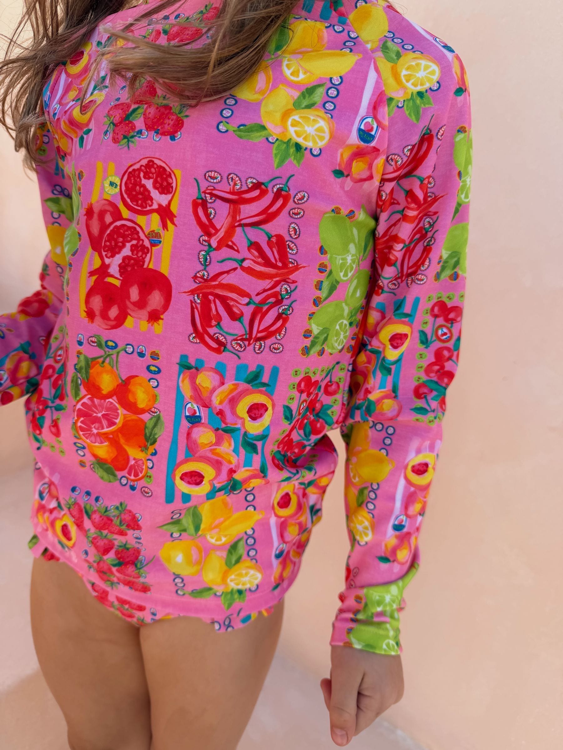 Never Fully Dressed Pink Fruit Print Sunsafe Long Sleeve Rash Vest and Swim Set image 4
